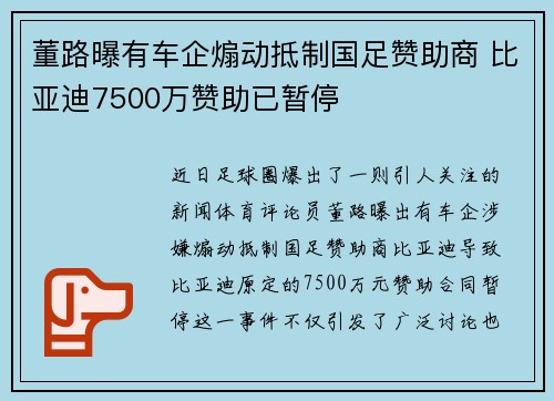 董路曝有车企煽动抵制国足赞助商 比亚迪7500万赞助已暂停